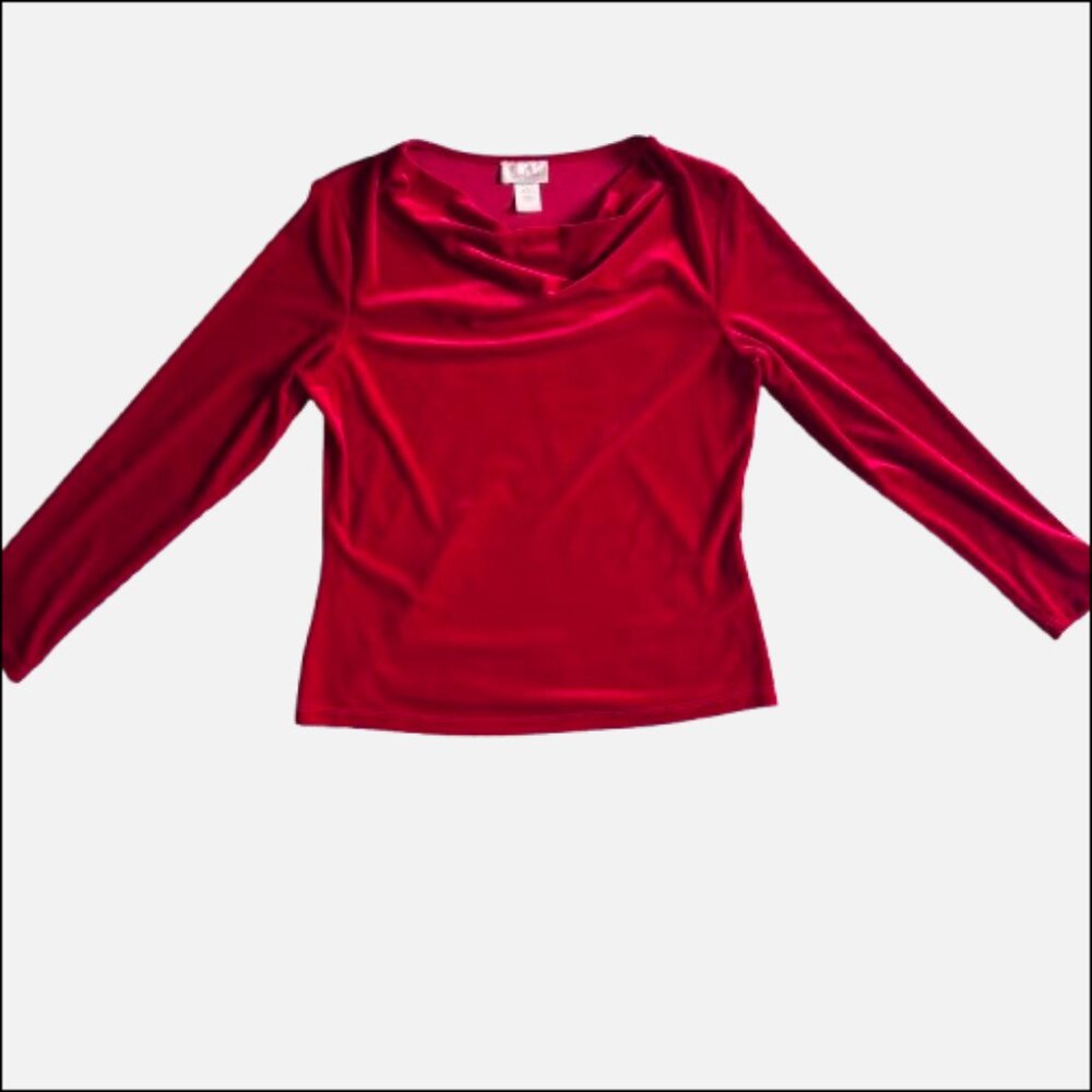 Jon Den Red Cowl Neck Long Sleeve Minimalist Velvet Top (Size L)